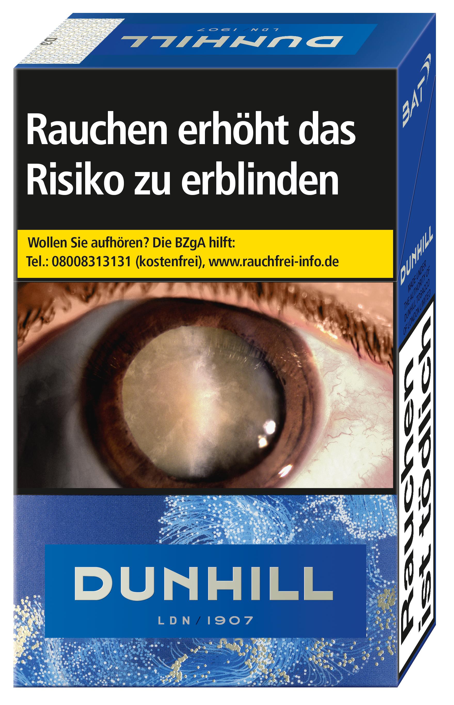 Dunhill Blue Filterzigaretten von Dunhill, 1 Packung. Blaue und weiße Zigarettenpackung mit Augen-Motiv und dem deutschen Warnhinweis 'Rauchen erhöht das Risiko zu erblinden', sowie Telefonnummer und Website. Die Packung trägt die Kennzeichnung 'L.D.N./19