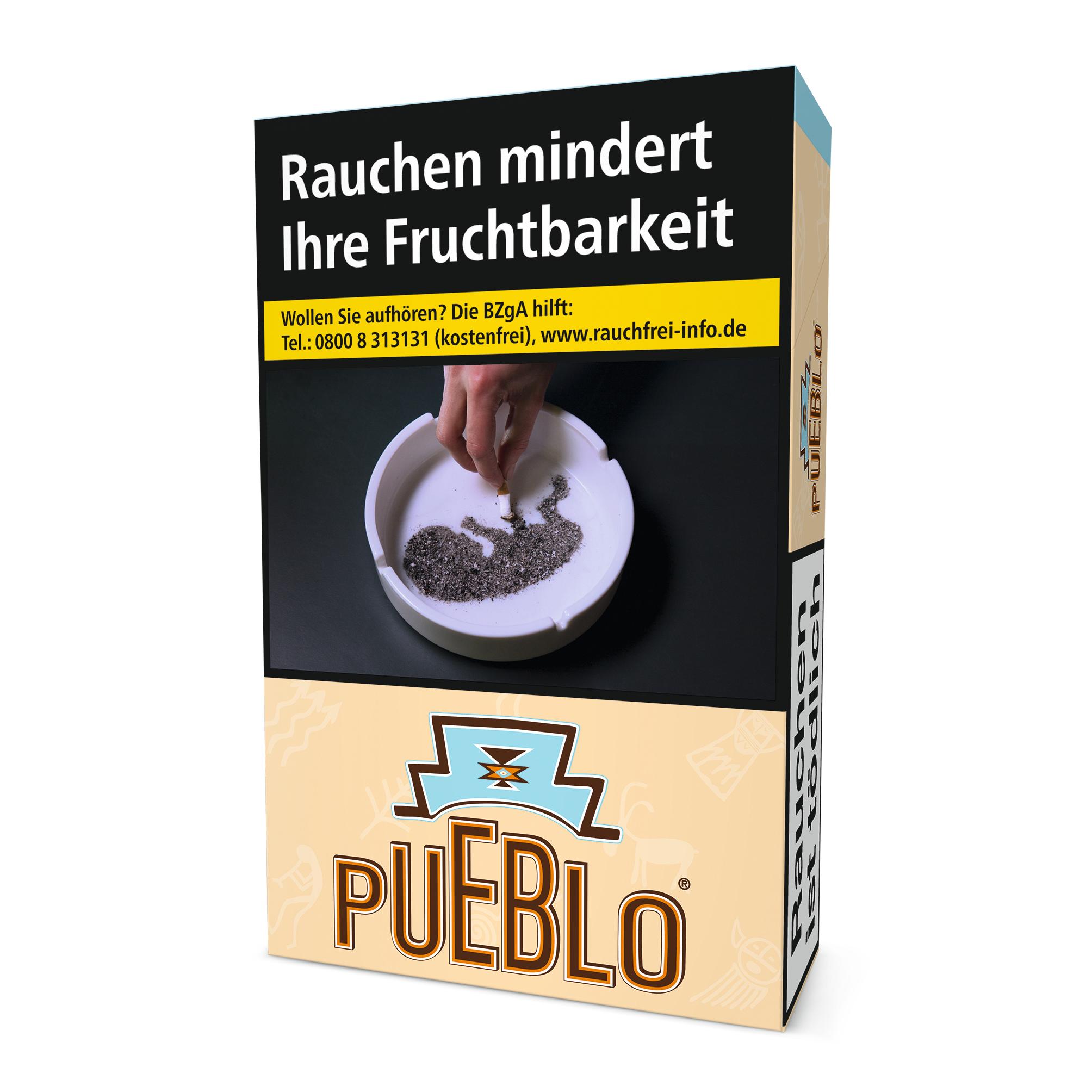 Rechteckige, beige-schwarze Packung Pueblo Zigaretten Classic von Pueblo mit Logo, enthält 20 Stück.
