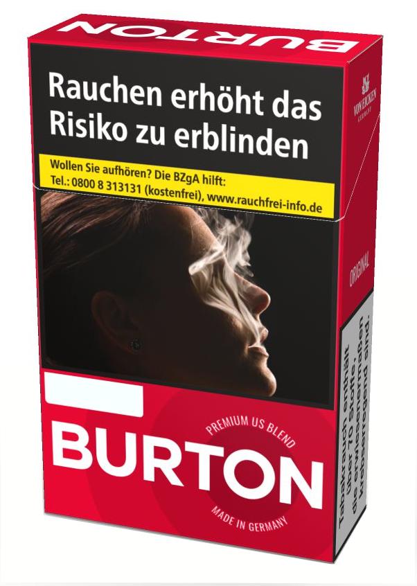 Burton Original Zigaretten als Stange mit 10 Packungen zu je 20 Stück in der rot-schwarzen Verpackung mit Warnhinweisen und Herstellerangaben.