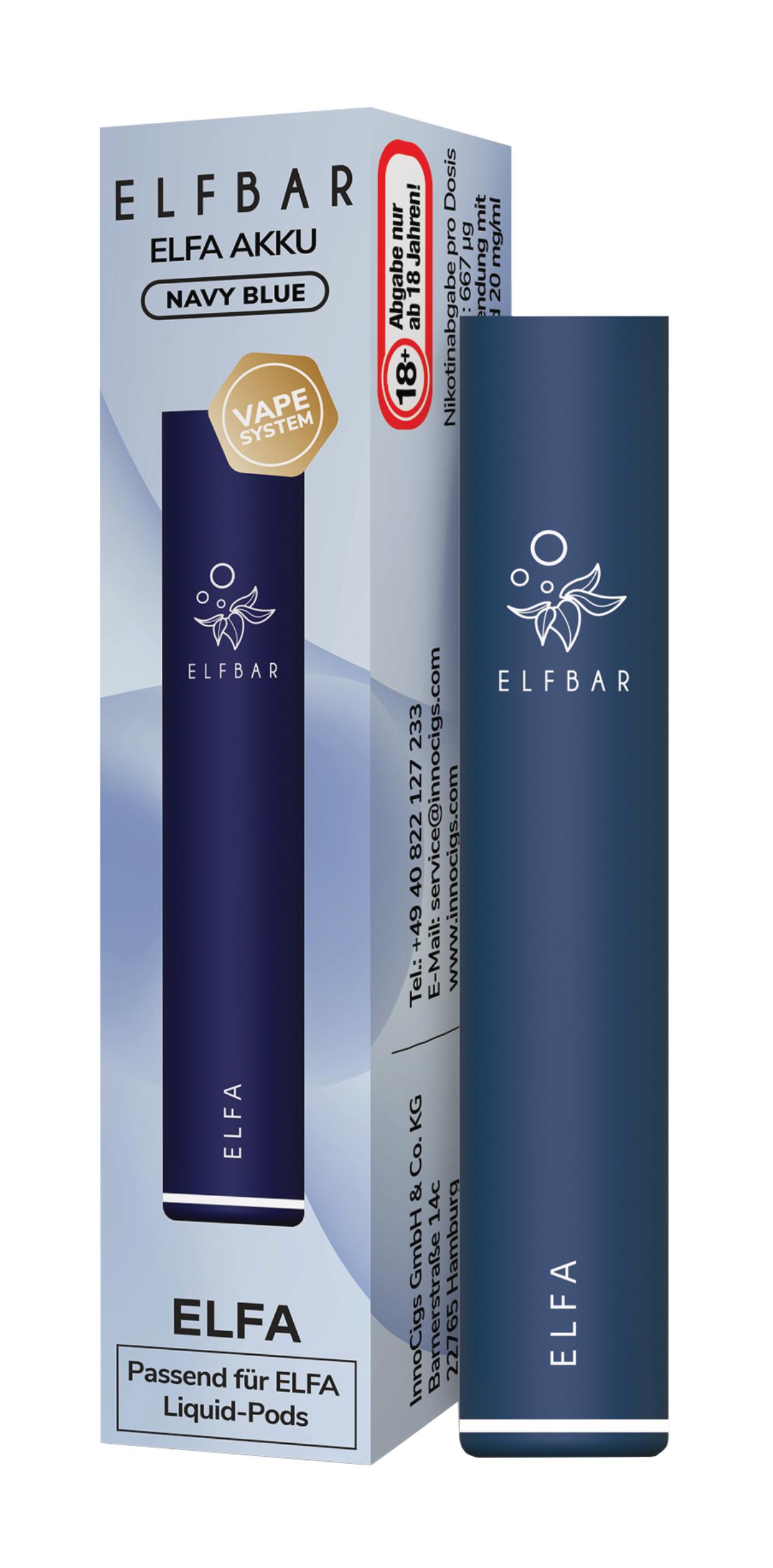 Dunkelblaues ELFA Pod-Kit von Elfbar mit 500 mAh Akku, USB-C Ladeanschluss und einer zugehörigen Produktverpackung, 1 Stück.