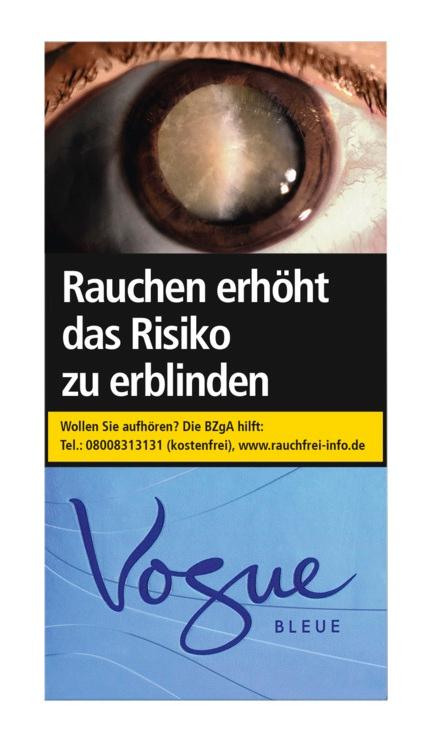 Packung Vogue Zigaretten Bleue Super Slims (20 Stück) mit blauem Hintergrund, großer Augen-Illustration und dem Warnhinweis "Rauchen erhöht das Risiko zu erblinden".