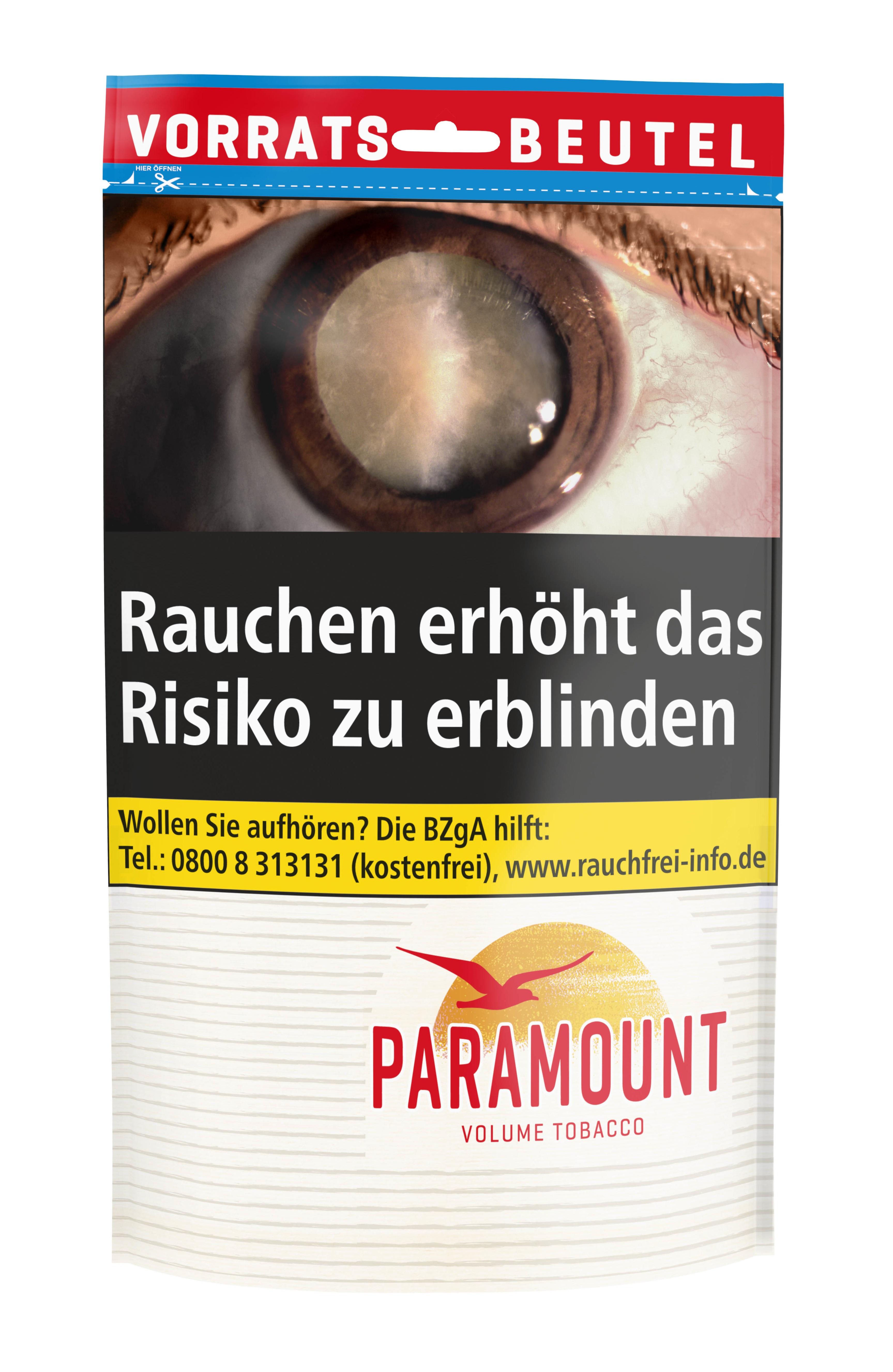Paramount Volumentabak in der 160-Gramm-Packung mit American-Blend-Mischung zum Stopfen von Zigaretten und gesetzlich vorgeschriebenen Warnhinweisen.