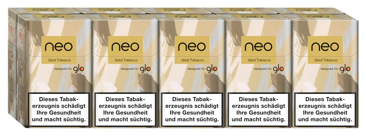 Goldfarbene Packung neo Gold Tobacco für glo, Teil der Verpackungseinheit 1 Stange (10x20 Stück).