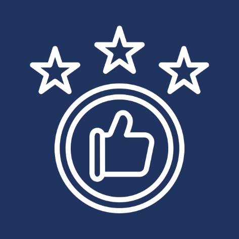 Ein weißes Icon mit drei Sternen und einem Daumen nach oben vor blauem Hintergrund.