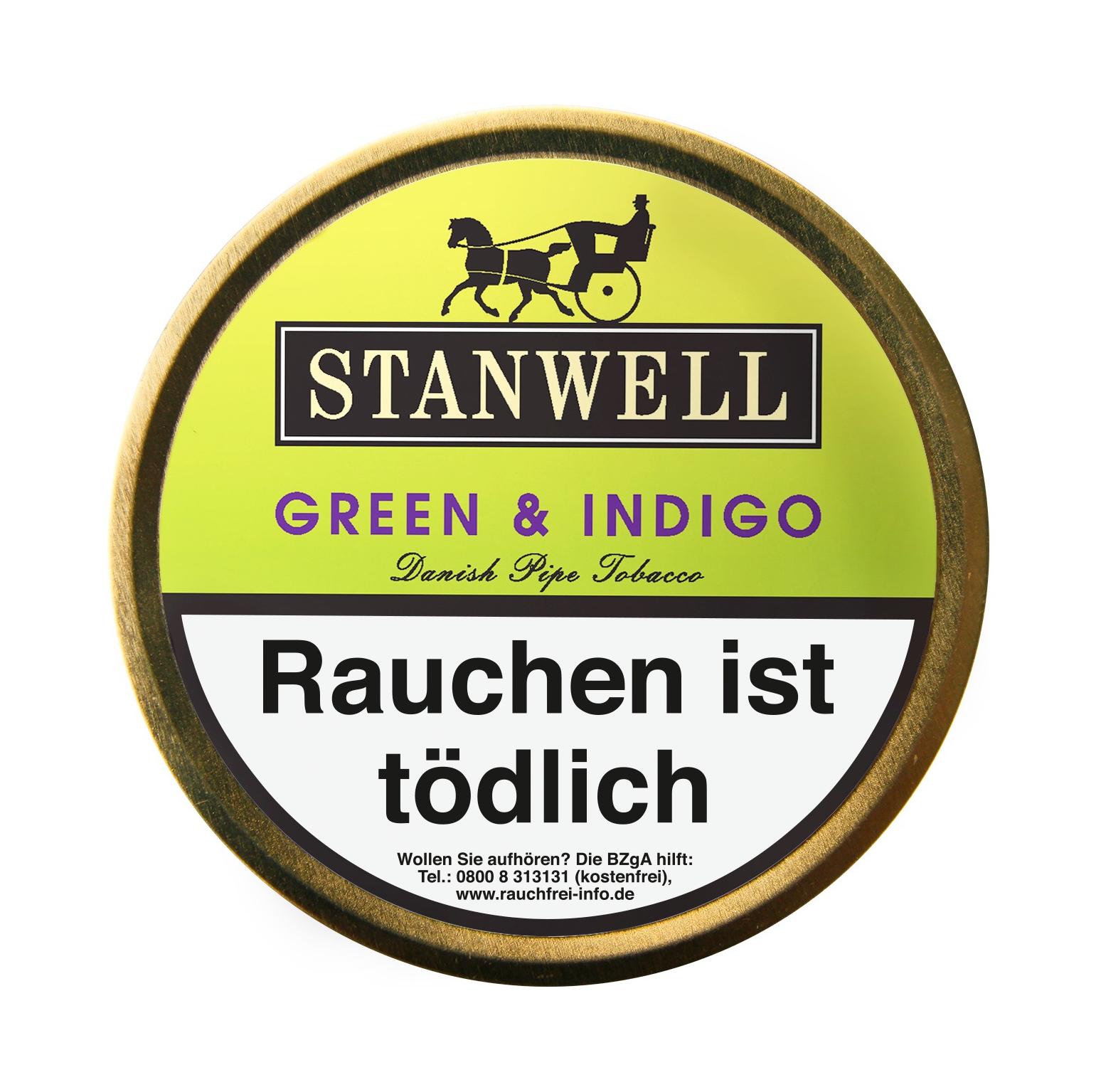 Stanwell Pfeifentabak Green & Indigo in einer gelb-grünen 50 Gramm Schmuckdose mit Markenlogo, Kutschen-Abbildung und gesetzlichem Warnhinweis.
