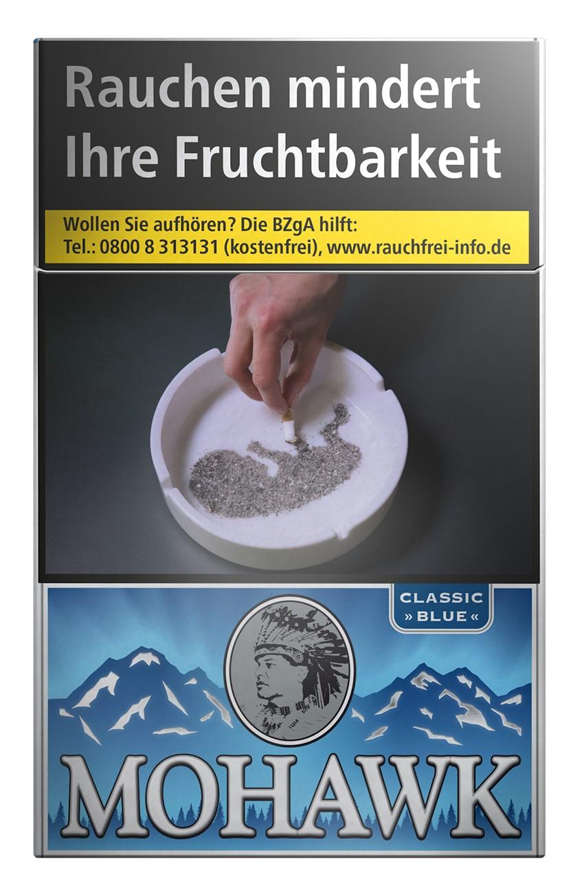 Mohawk Classic Blue Filterzigaretten, eine Packung mit 20 Stück, hergestellt aus 100 % kanadischem Tabak ohne chemische Zusätze.