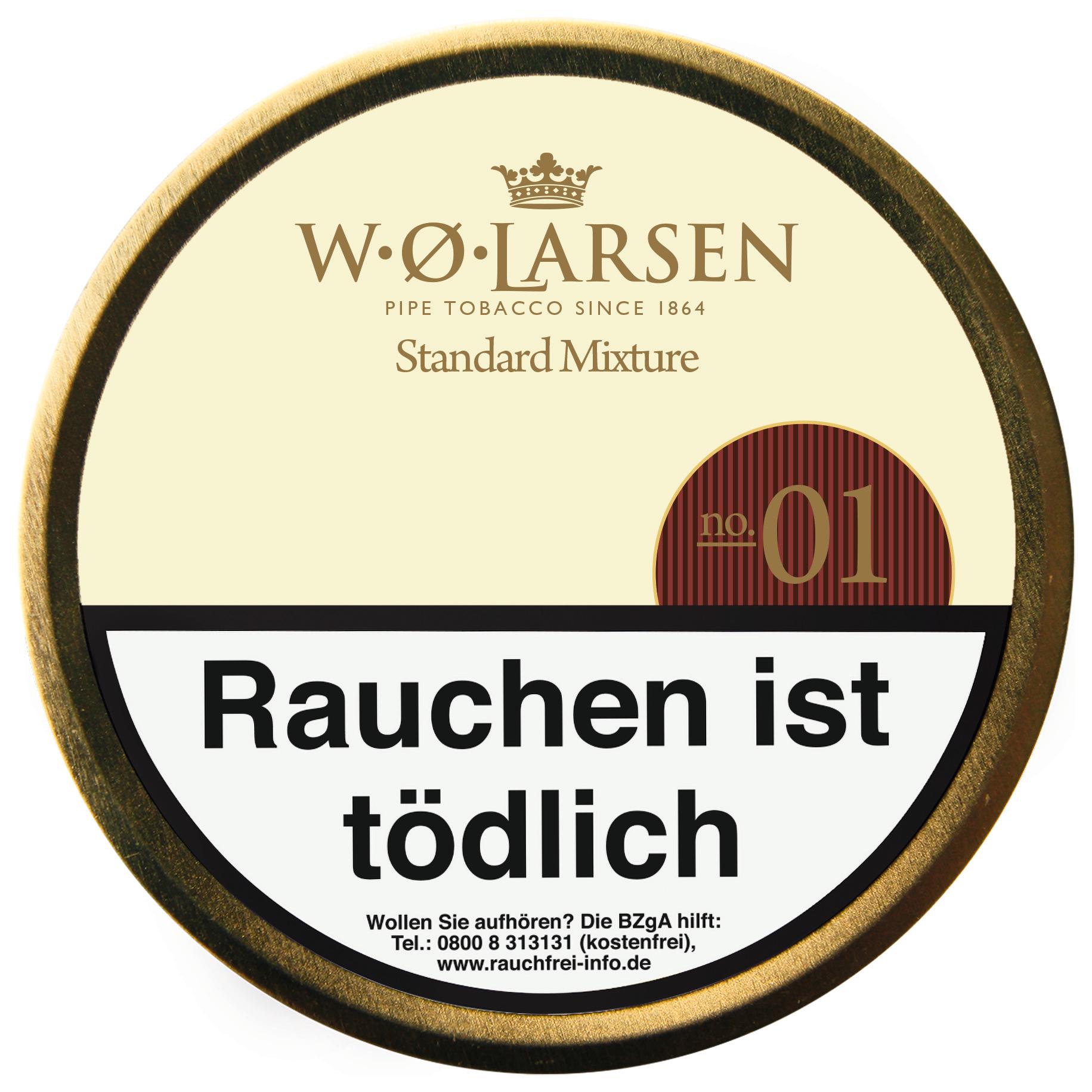 W.O. Larsen Standard Mixture Pfeifentabak in der 100 Gramm Dose mit rundem Etikett in Creme und Gold sowie gesetzlichem Sicherheitshinweis.