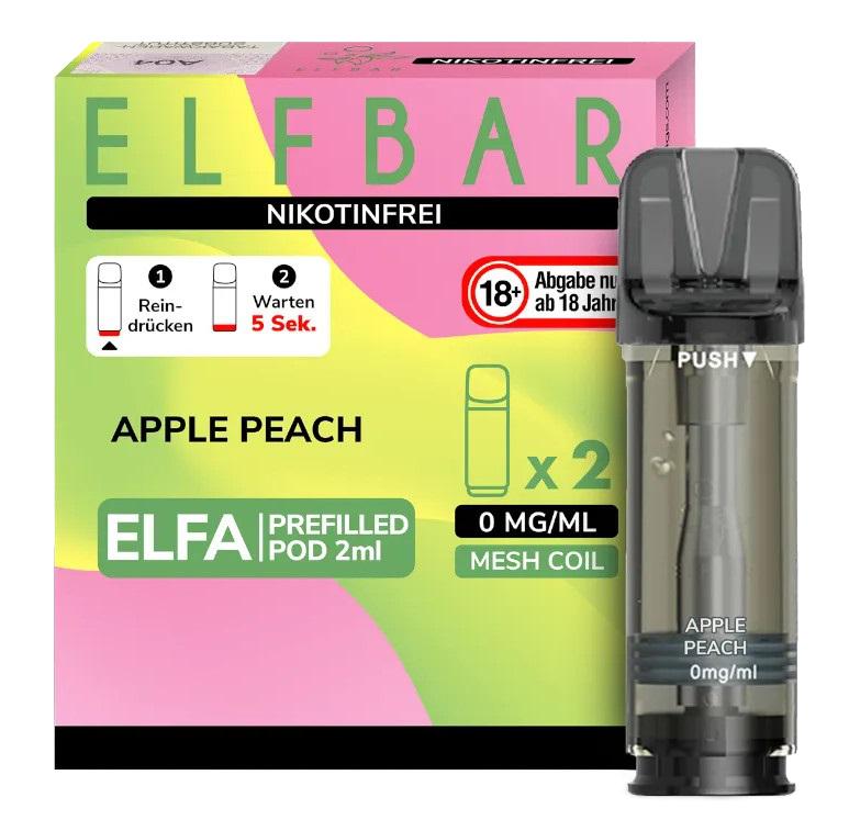 Elfbar ELFA Pods nikotinfrei im 2er-Pack mit schwarzem Liquid-Pod, Mesh-Coil und zugehöriger Verpackung zur magnetischen Fixierung im ELFA Pod-Kit.