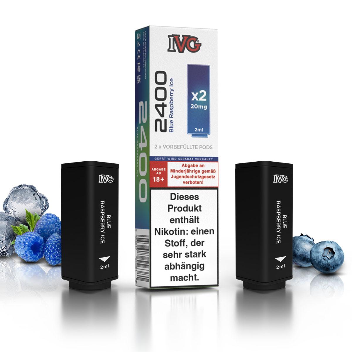 IVG 2400 Pods, 2 Stück, Nikotinsalz-Ersatzkartuschen mit 20 mg/ml Nikotingehalt für das IVG 2400 Basisgerät in weißer Verpackung.