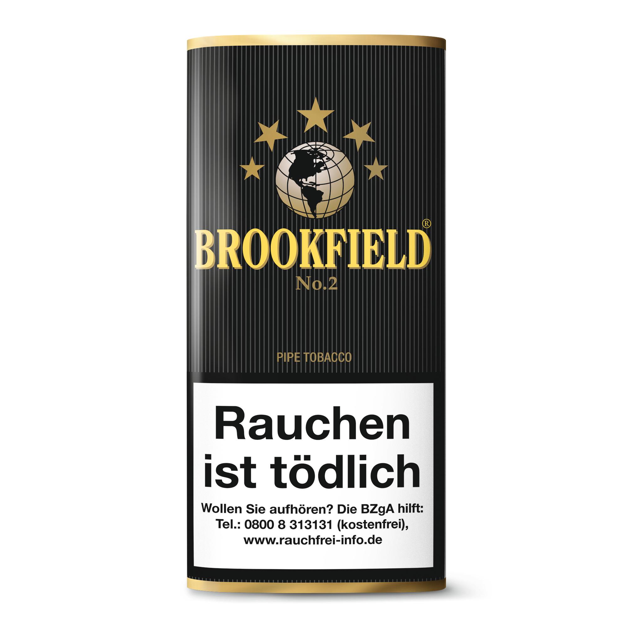 Brookfield Pfeifentabak No. 2, eine Stange mit 5 Packungen à 50 Gramm, intensiv nach Vanille duftende Mischung aus Burley, Golden Virginia und Black Cavendish, in schwarzer Verpackung mit goldfarbenen Bändern und deutscher Beschriftung.