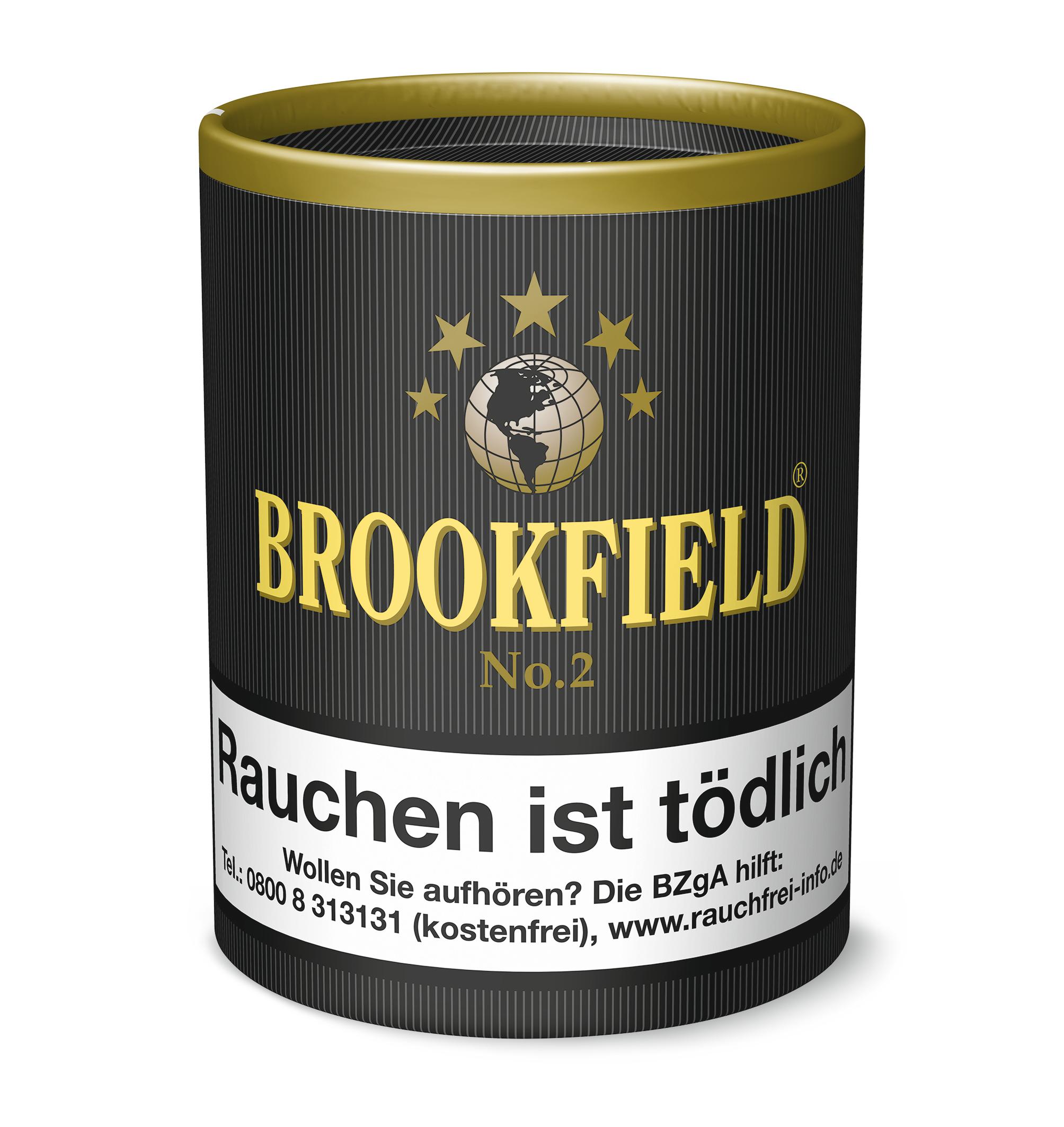 Brookfield Pfeifentabak No.2 Black Vanilla in zylindrischer schwarzer 200g Dose mit Goldband und goldenem Brookfield Schriftzug.