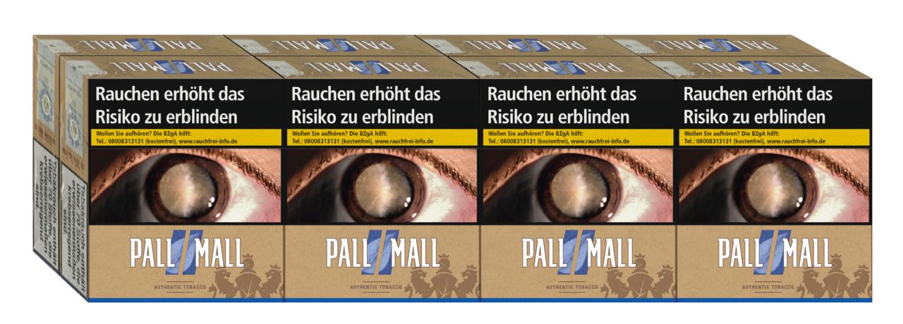 Pall Mall Authentic Blue Zigaretten in der Stange mit 8 Packungen zu je 30 Stück, inklusive der gesetzlichen Warnhinweise auf der Packungsoberfläche.