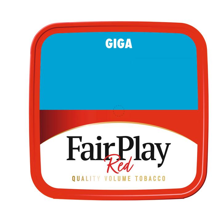 Fair Play Mega Box Volumentabak, ein roter und weißer Eimer mit blauem Deckel, gold/beigem Streifen und dem Schriftzug "Quality Volume Tobacco", 220 Gramm.