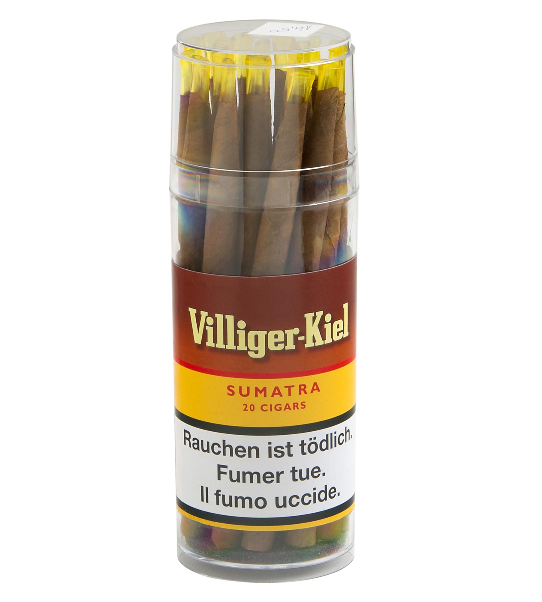 Villiger-Kiel Zigarren Sumatra in klarer zylindrischer Kunststoffdose mit gelbem Etikett. Darin 20 einzeln in gelbes Papier gewickelte Zigarren.