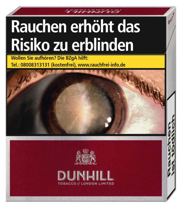 Dunhill International Red Zigaretten, 1 Stange bestehend aus 10 Packungen mit je 20 Zigaretten in der typischen rot-weißen Verpackung.