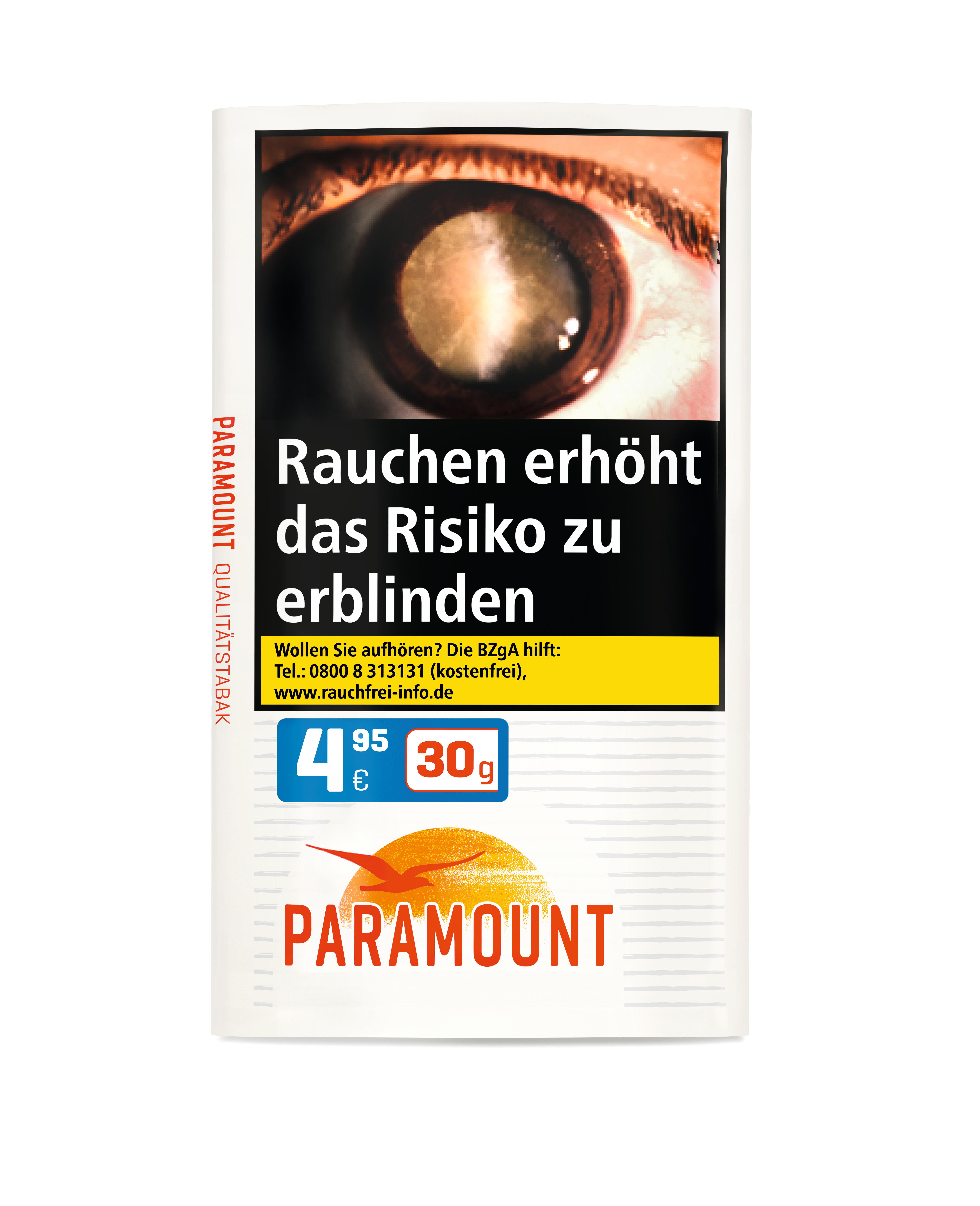 Verpackungseinheit Paramount Tabak, bestehend aus 6 Pouches à 30 Gramm. Die weiße Packung zeigt das rot-orange Paramount Logo mit Vogel-Motiv, einen deutschen Warnhinweis zum Erblindungsrisiko durch Rauchen und Preisinformationen.