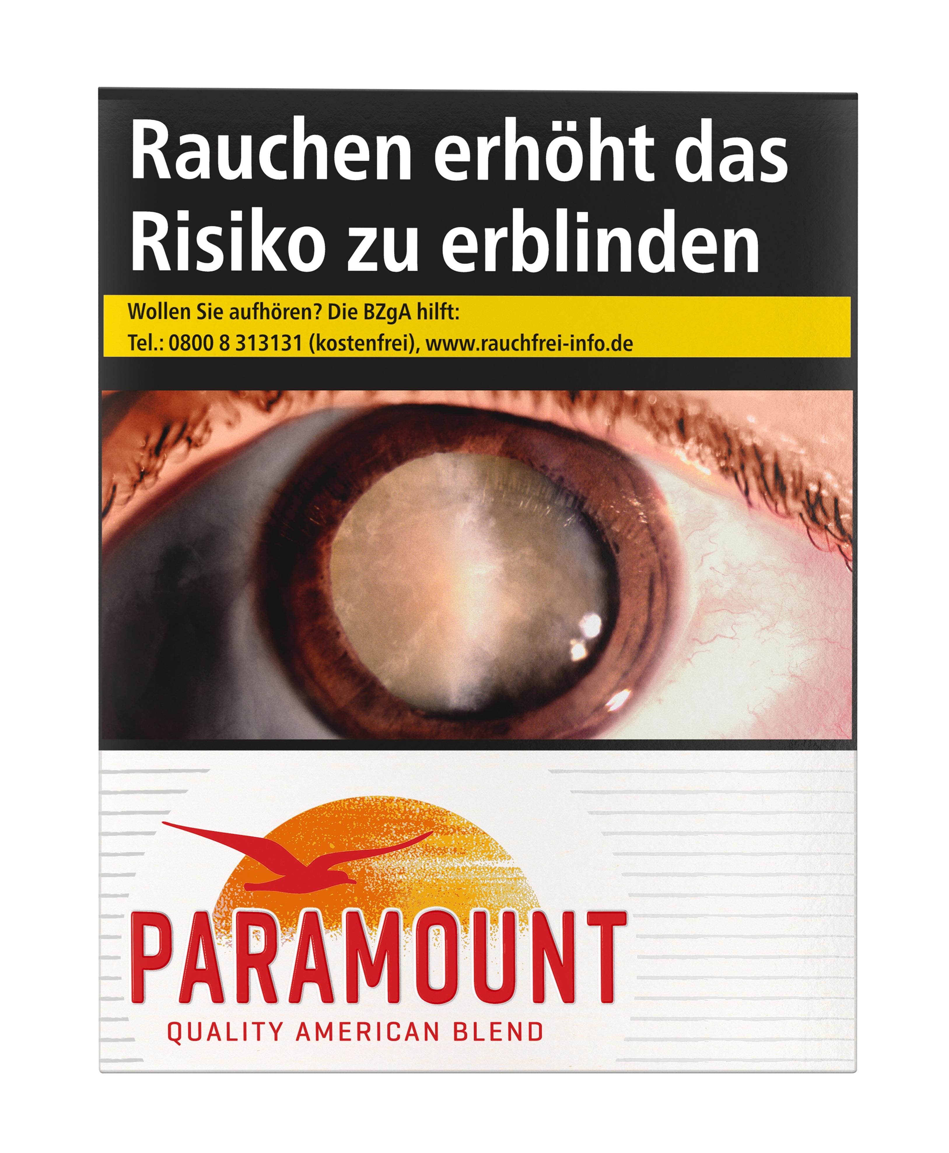 Packung der Paramount Red Zigaretten (1 Stange) in Weiß mit schwarzem Kopf, Auge, Warnhinweis, Paramount Logo und 'QUALITY AMERICAN BLEND'.