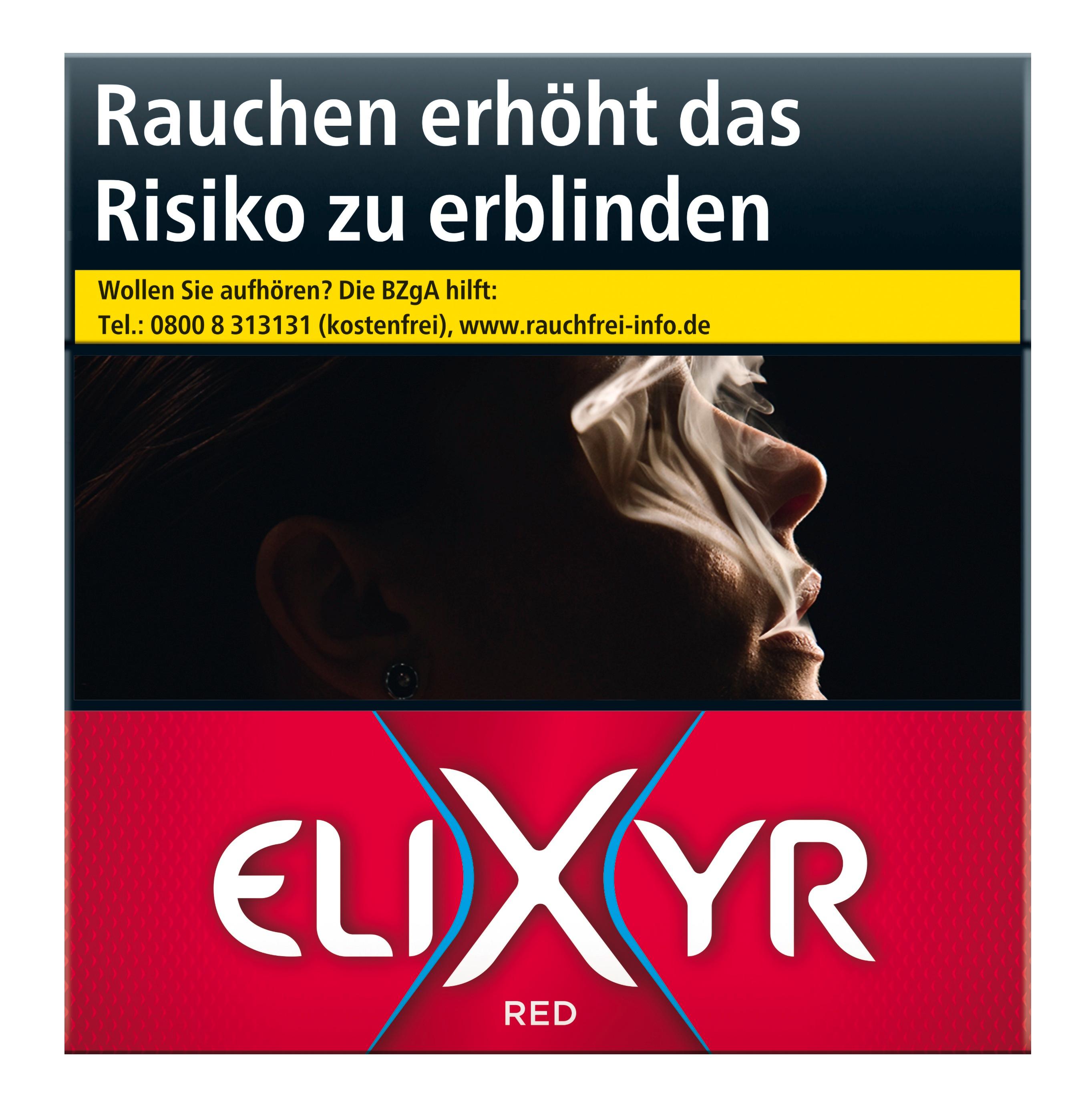 Elixyr Red Zigaretten im 49-Stück-Pack, kräftige Tabakmischung, inklusive gesetzlicher Warnhinweise auf der Vorderseite.