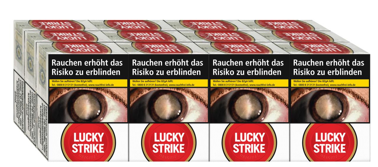 Lucky Strike Red Giga Filterzigaretten, 1 Stange bestehend aus 12 Packungen zu je 22 Stück, angeordnet in einem gleichmäßigen Muster.