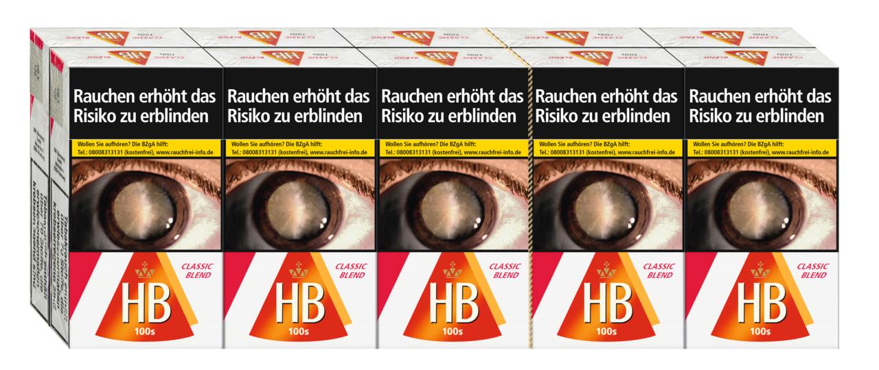 HB Zigaretten Classic Blend 100 in der Stange mit 10 Packungen zu je 20 Stück, inklusive der gesetzlichen Warnhinweise auf der weißen Verpackung.