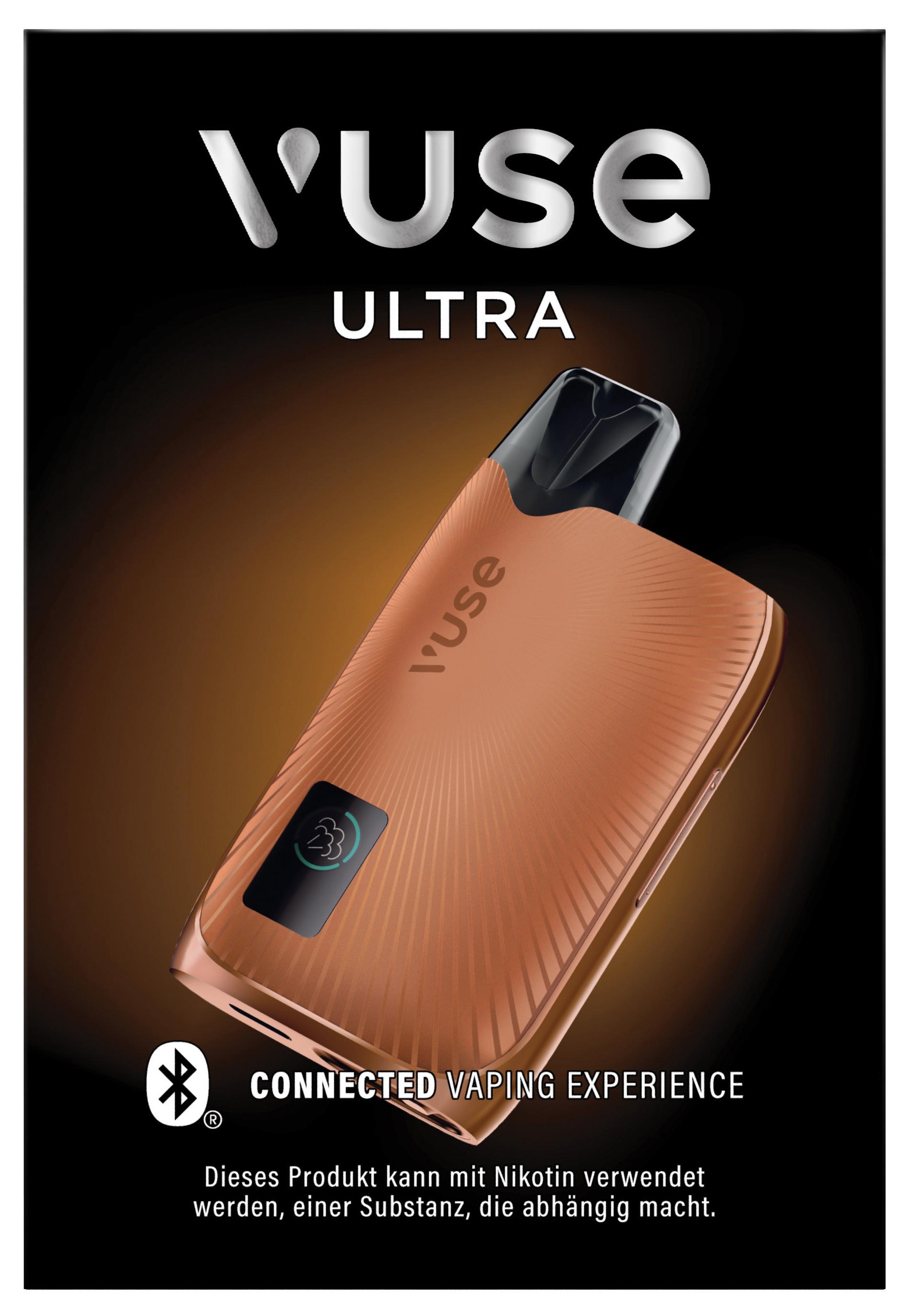 Kupferfarbenes Vuse Ultra Device Kit aus Aluminium mit schwarzem Display und Bluetooth-Funktion, inklusive eines Geräts in der Verpackungseinheit.