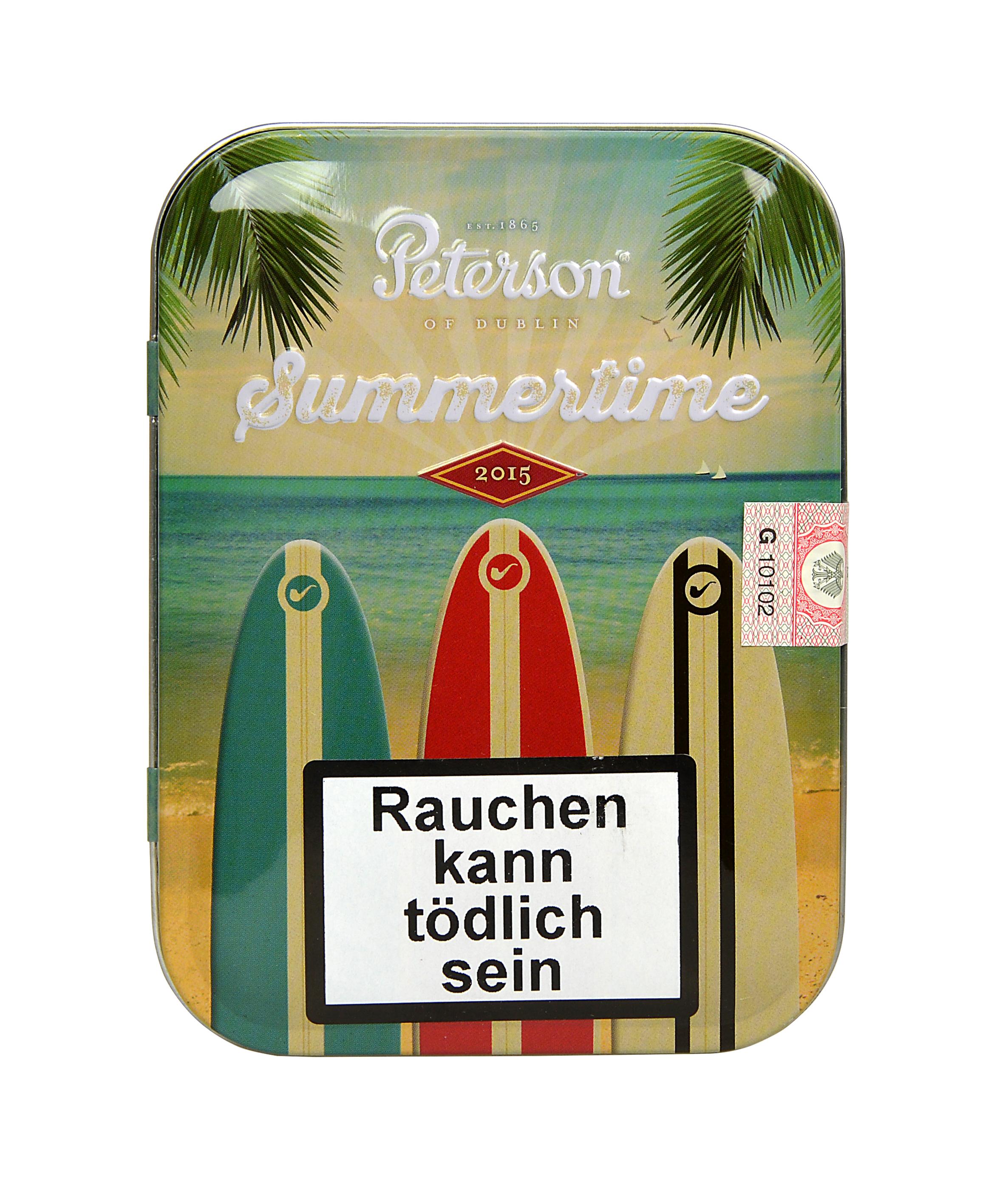 Grüne und weiße 100-Gramm-Dose Peterson Summertime Pfeifentabak 2020 mit sommerlichem Strandmotiv und Palmen.