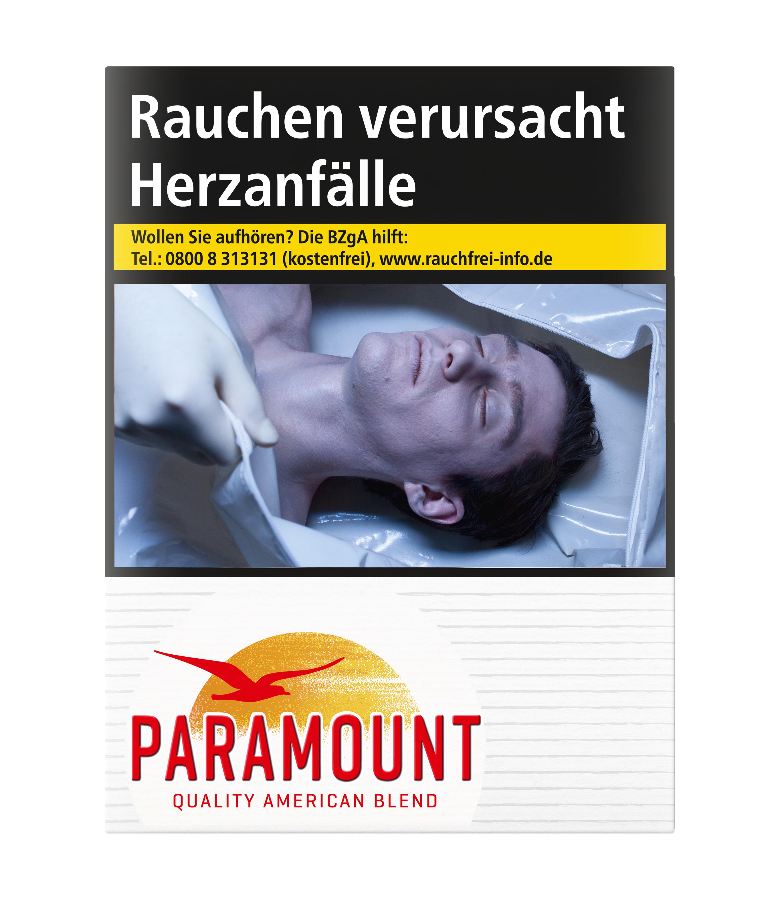 Paramount Red Zigaretten als Stange mit 8 Packungen à 28 Stück, American Blend Tabakmischung, inklusive gesetzlichem Warnhinweis und Kontaktinformationen.