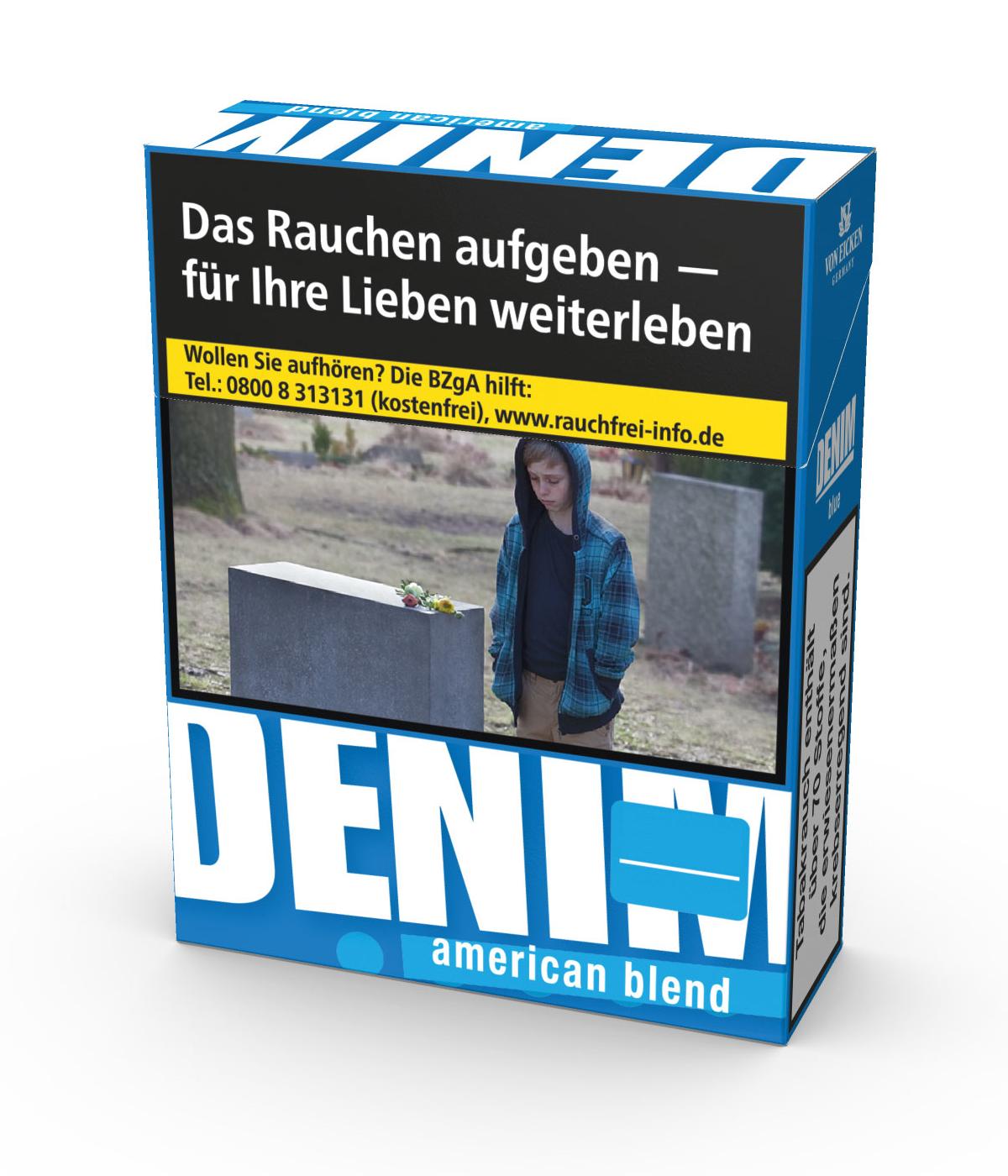 Blaue und weiße Packung Denim Zigaretten Blue XL American Blend, die mildere Sorte, als 1 Stange mit 8 Packungen á 25 Stück.