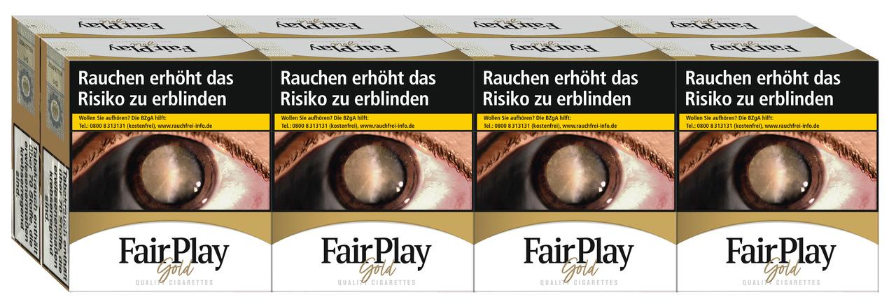 Stange Fair Play Gold XXXL Zigaretten (8 Packungen á 30 Stück) mit Packungsdesign mit Auge und Goldband auf den Zigaretten.