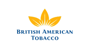 Logo von British American Tobacco mit gelben, dynamisch übereinander angeordneten Blättern, die einer stilisierten Blume ähneln, auf schwarzem Hintergrund.