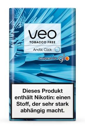 Blaue Packung veo Arctic Click für glo Geräte, 10 Packungen mit jeweils 20 Stück, inklusive gesetzlichem Warnhinweis zu Nikotin auf der Vorderseite.