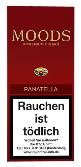Dannemann Moods Panatella Zigarillos in einer Stange mit insgesamt 20 Stück, verpackt in fünf Packungen à vier Zigarillos mit roter Umverpackung.
