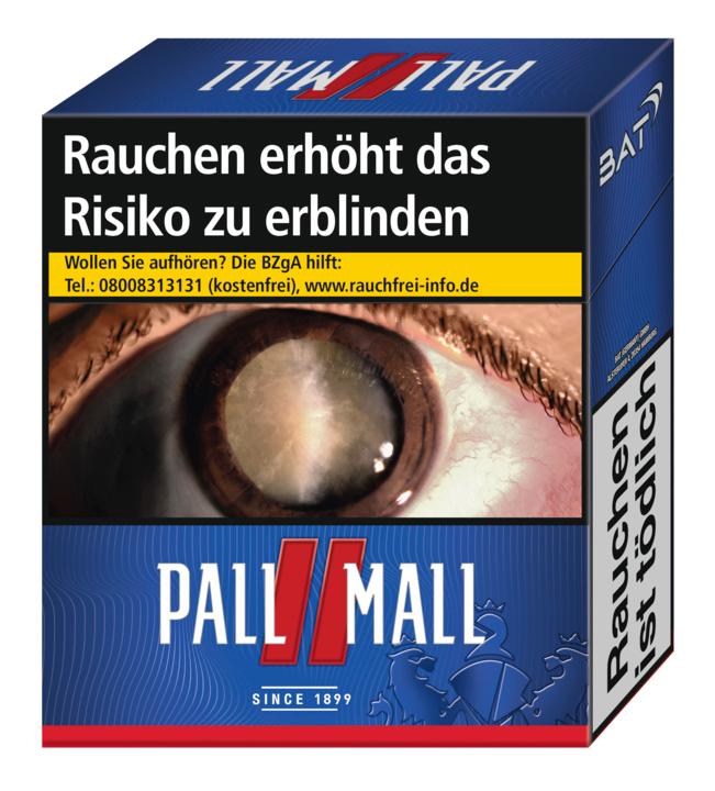 Blau-rote Packung Pall Mall Red Super Zigaretten mit 32 Stück Inhalt, auf der ein Augen-Motiv und der Markenname Pall Mall abgebildet sind.