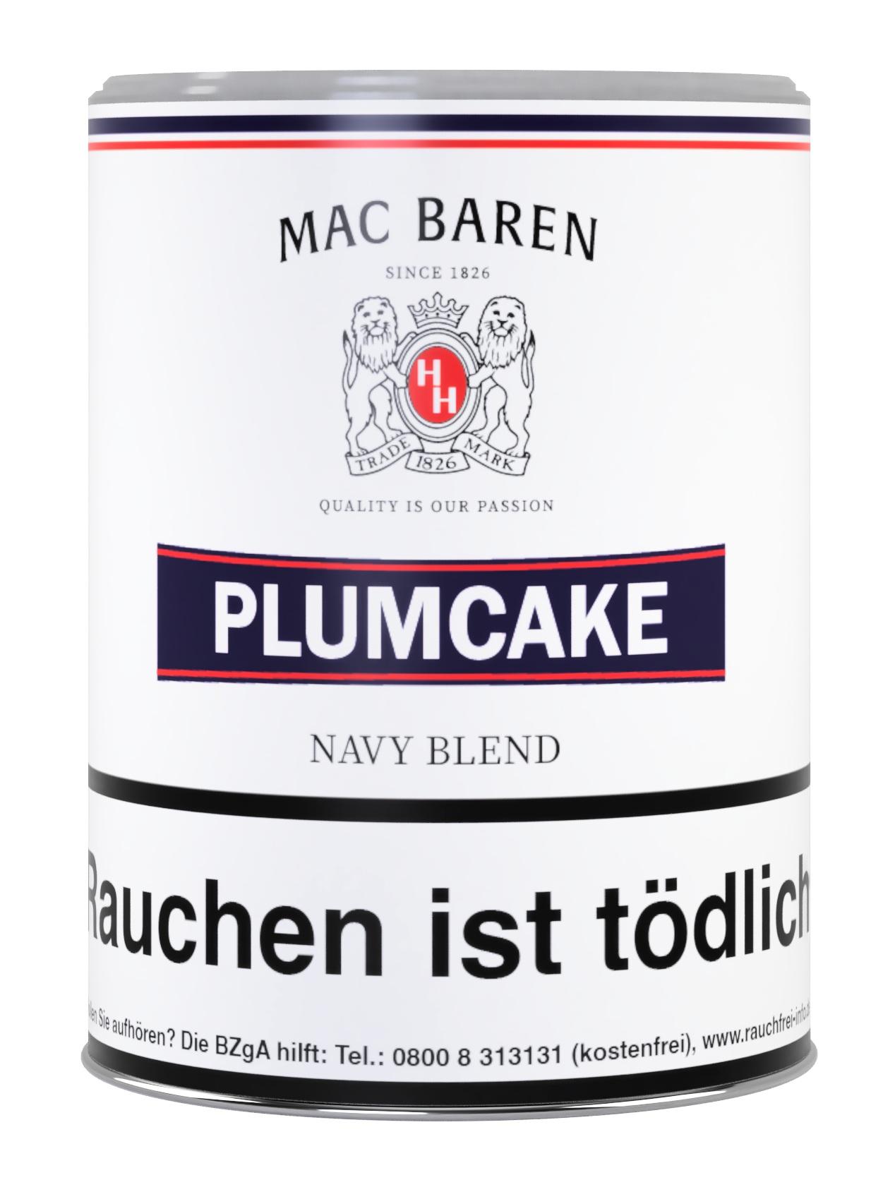 250 Gramm Dose Mac Baren Plumcake Navy Blend Pfeifentabak mit weißer Aufmachung, dunkelblauen und roten Akzenten sowie gesetzlichem Warnhinweis.