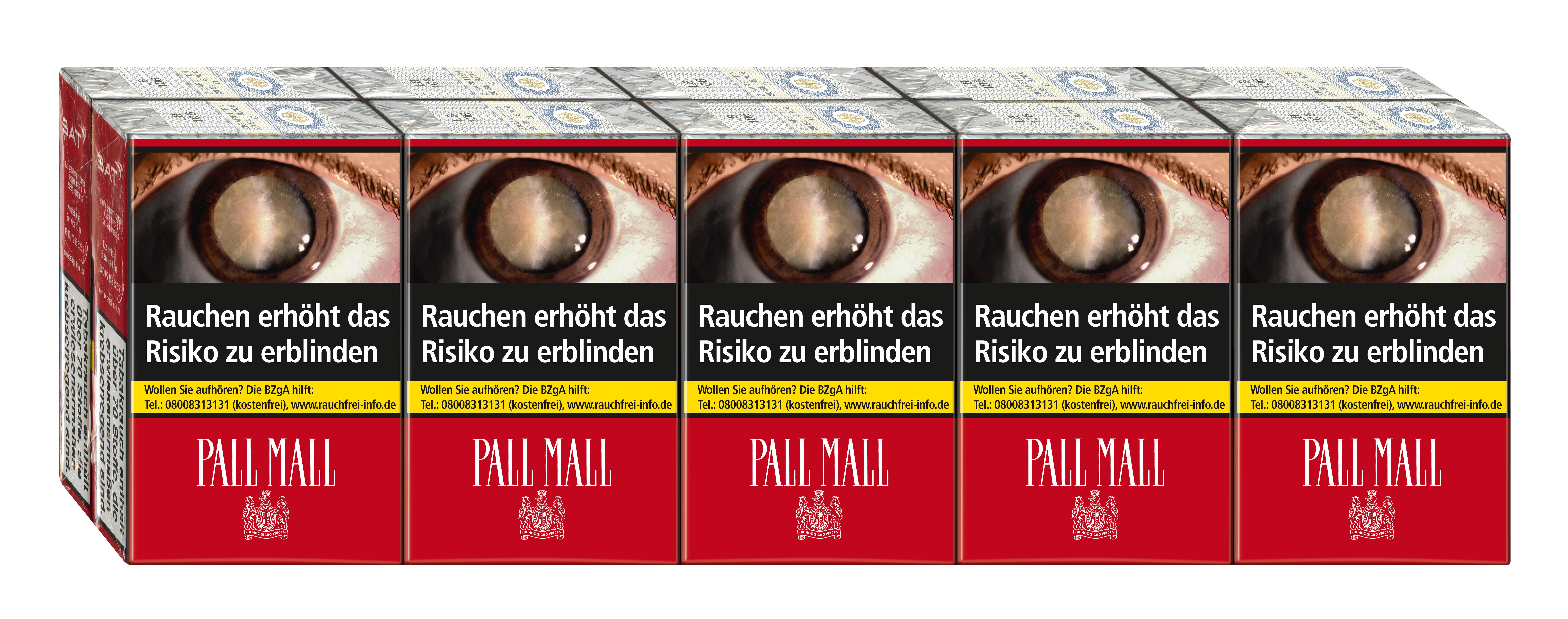 Eine rot-weiße Pall Mall Zigarettenpackung ohne Filter mit Augenmotiv, als Teil einer Stange von 10 Packungen á 20 Stück.