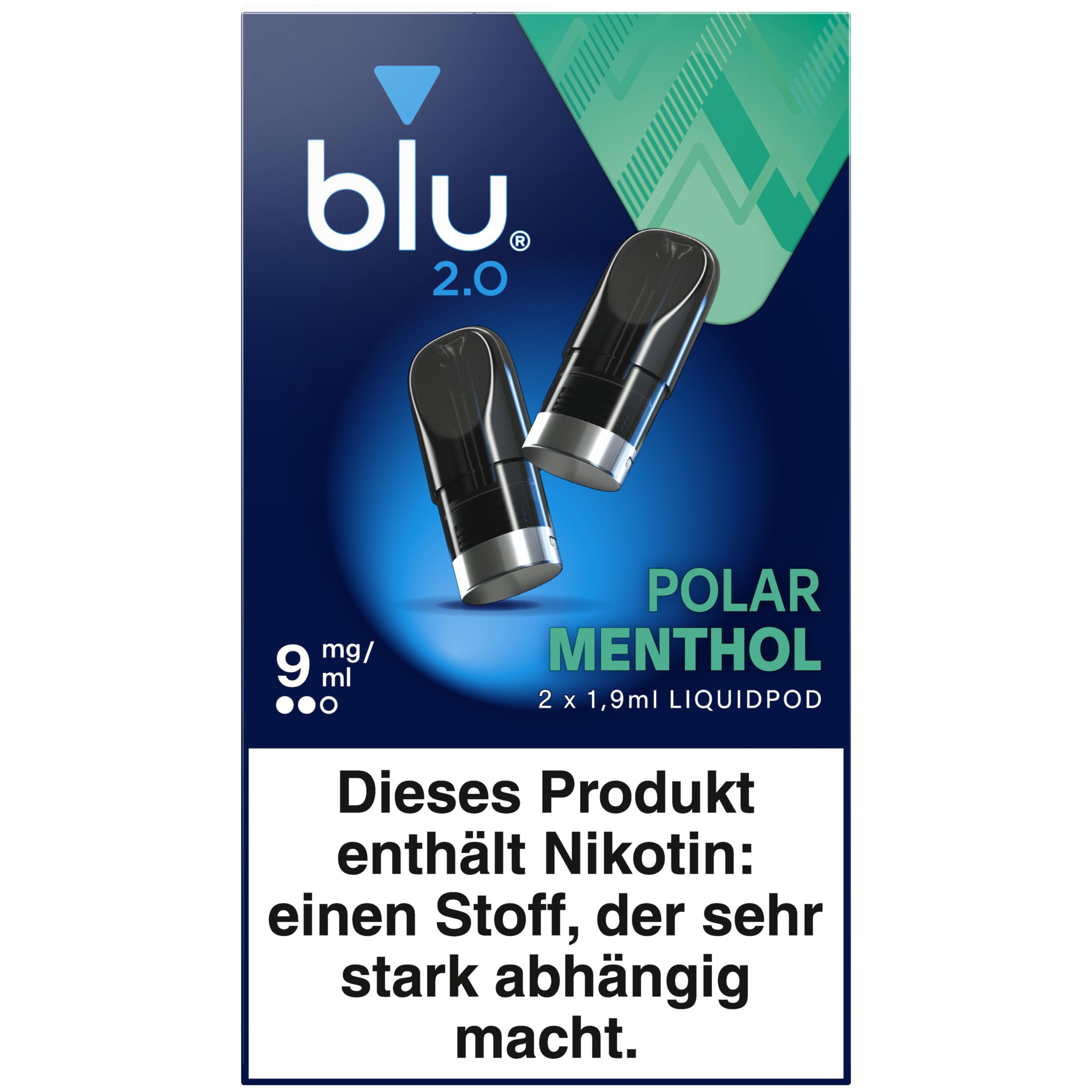 Blu 2.0 Liquipod Packung mit zwei 2.0 ml Pods, dreieckig geformt mit silberner Kappe in blauer Verpackung.