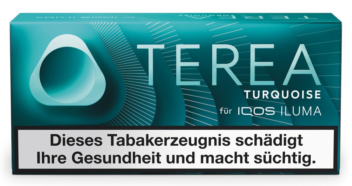 TEREA Turquoise Tabaksticks für IQOS ILUMA in türkiser Verpackung, 10 Packungen mit insgesamt 200 Stück inklusive gesundheitlichem Warnhinweis.
