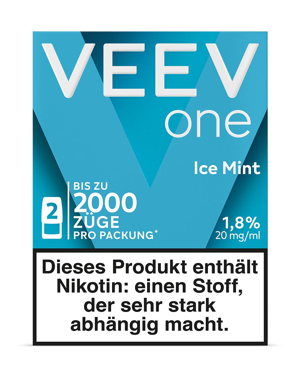 Veev One Pod Ice Mint von VEEV in blauer Packung mit weißem Schriftzug, 2 E-Zigaretten-Pods, 20mg Nikotin, als 2.0 UNIQUE PRO PACKUNG.