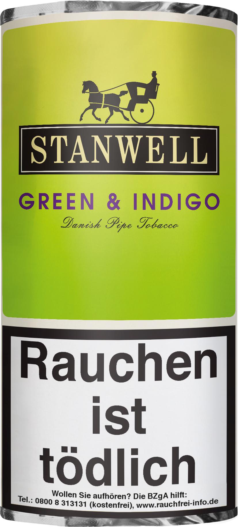 Stanwell Pfeifentabak Green & Indigo in der 5-Pouch-Verpackungseinheit mit jeweils 40 Gramm Inhalt und abgebildeter Pferdekutschen-Silhouette.