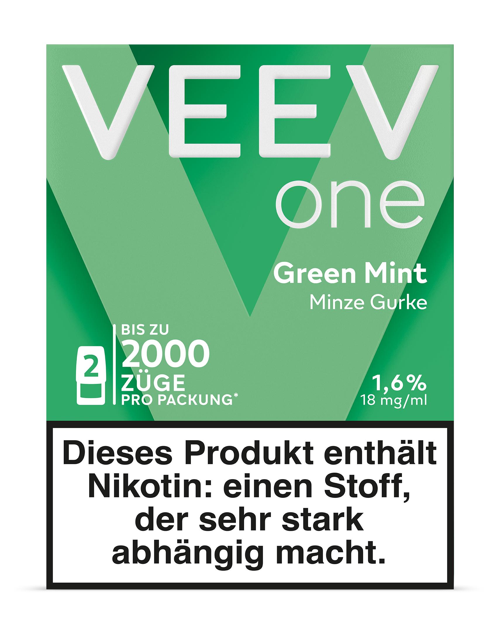 Grüne VEEV One Pod Verpackung von VEEV mit 20mg Nikotin für bis zu 2000 Züge. Eine Packung enthält 2 Pods und trägt eine Nikotinwarnung.