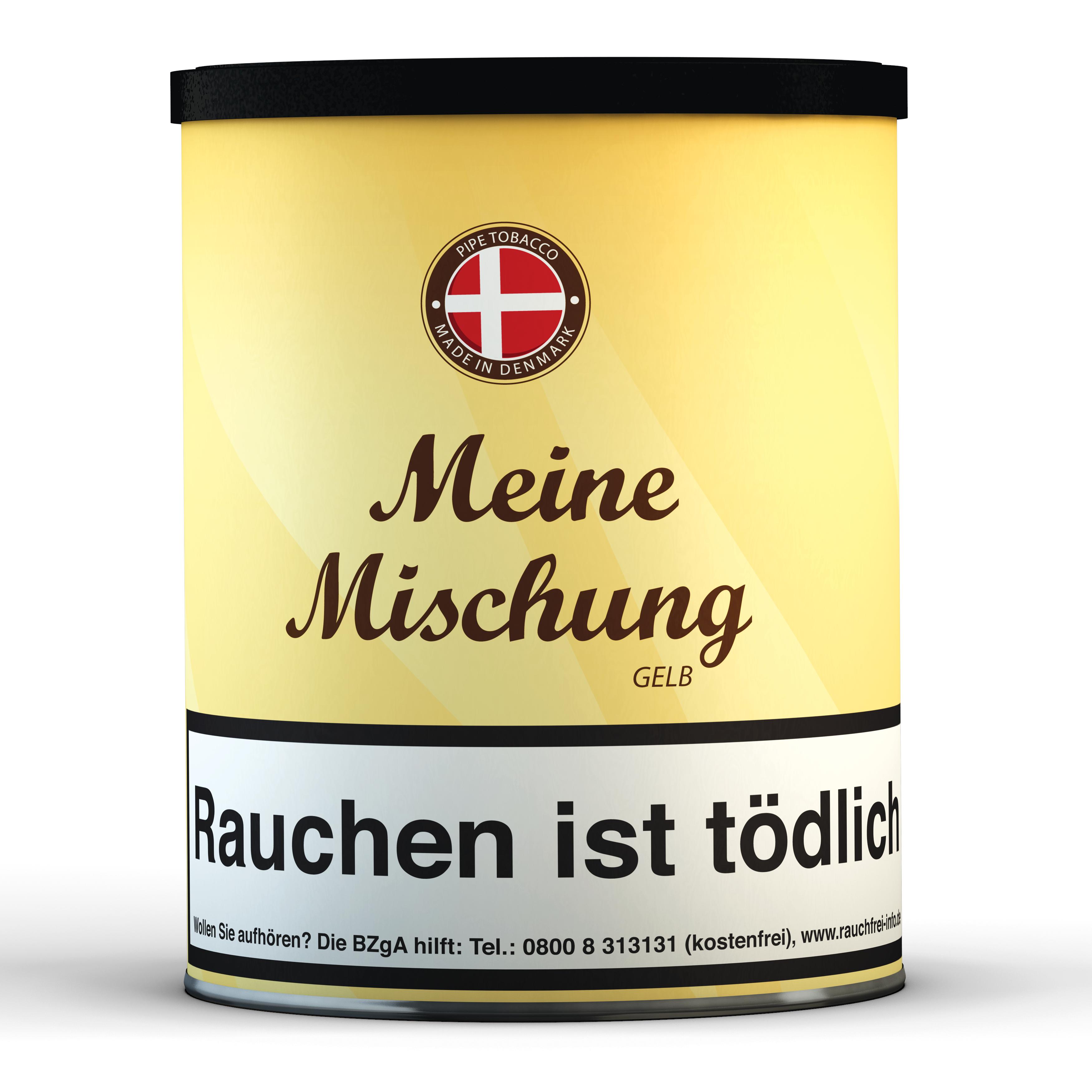 Meine Mischung Pfeifentabak Gelb  1 Dose 200 Gramm Gelbe zylindrische Dose Meine Mischung Pfeifentabak Gelb mit schwarzem Deckel und Boden, gefüllt mit 200 Gramm Tabak.