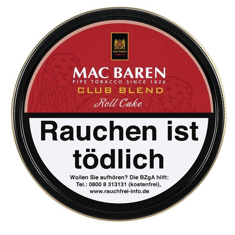 100 Gramm Dose Mac Baren Club Blend Pfeifentabak. Milder Pfeifentabak der Sorte Curly Cut aus Virginia und Original Cavendish, abgepackt in einer runden, schwarzen Dose mit rotem Etikett und goldgelbem Rand.