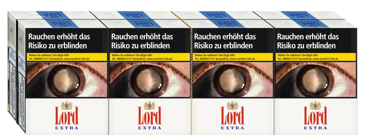 Stange Lord Extra Zigaretten (8 Packungen à 22 Stück) mit weißen Packungen, schwarzem Label und rotem Lord Extra Logo.