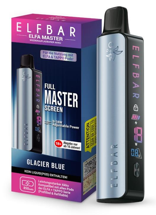 Elfa Master Akku Glacier Blue von ELFA by Elfbar, ein wiederaufladbares Pod-System mit 850 mAh Akku, Farbdisplay und einstellbarer Leistung in 1 Packung.