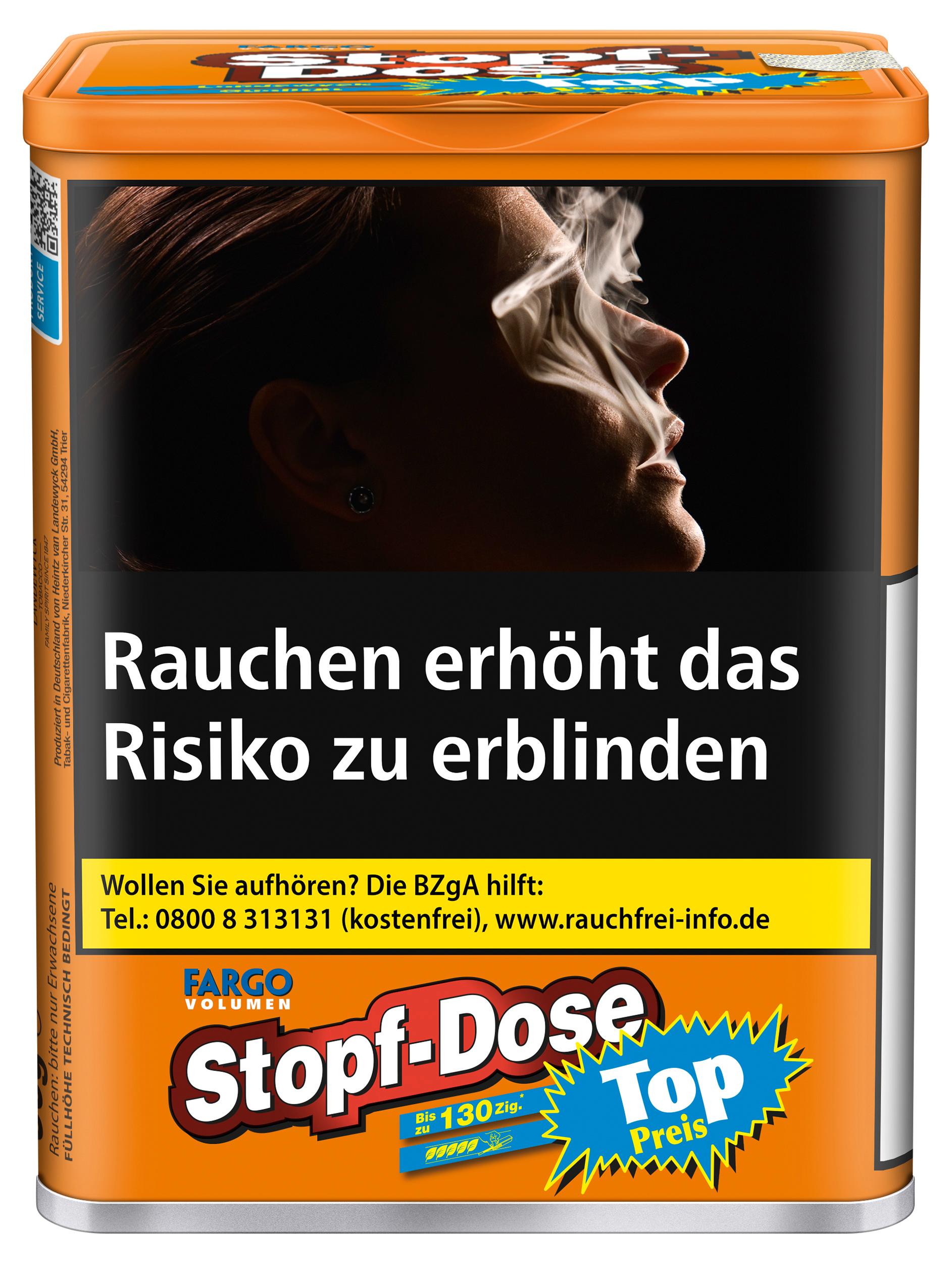 Fargo Orange Stopf-Dose Volumentabak, 60 Gramm, in einer orangefarbenen Dose mit den gesetzlich vorgeschriebenen Warnhinweisen.
