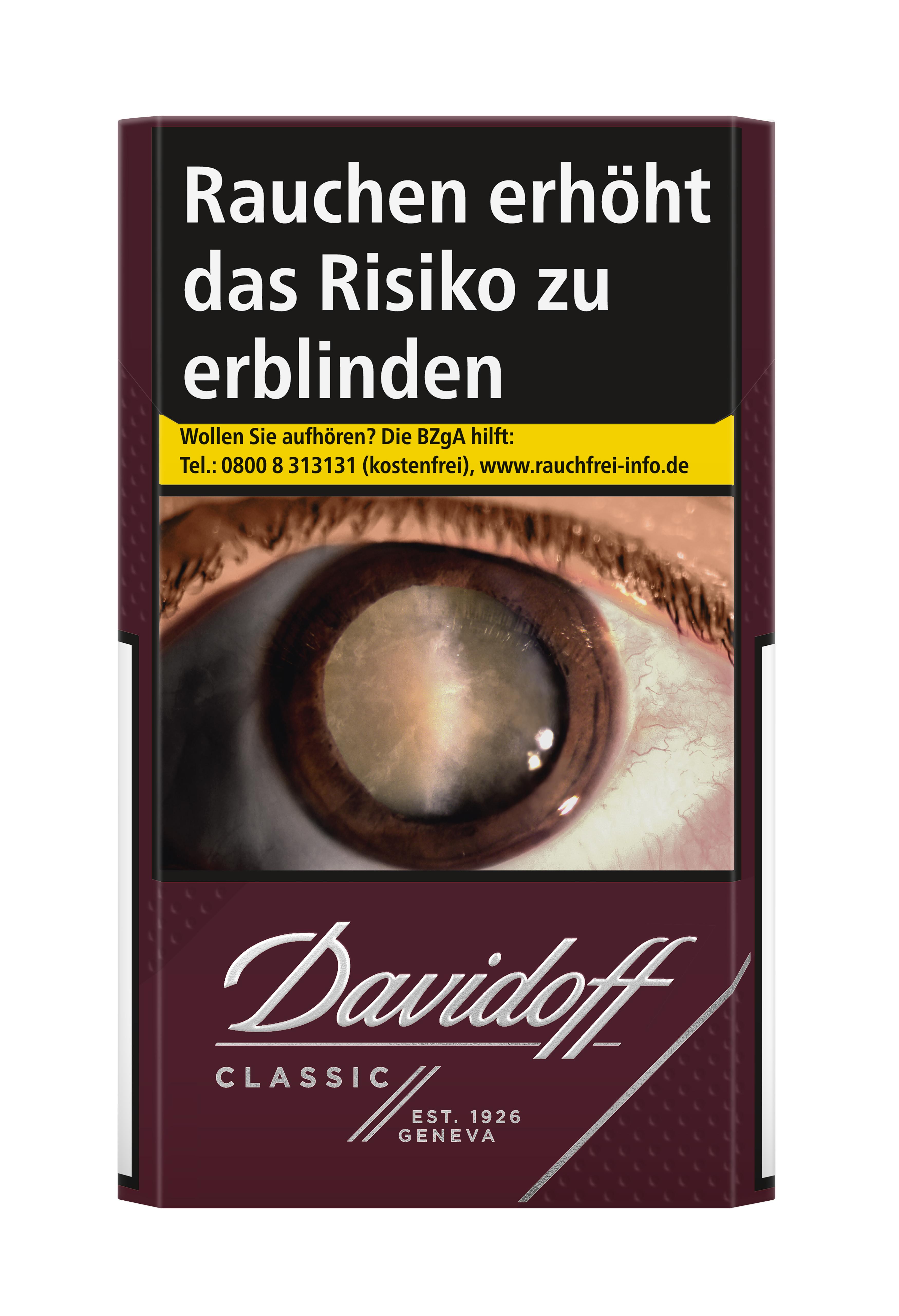 Dunkelrote Packung Davidoff Classic Zigaretten (20 Stück) von Davidoff, American Blend, kräftiger Geschmack.