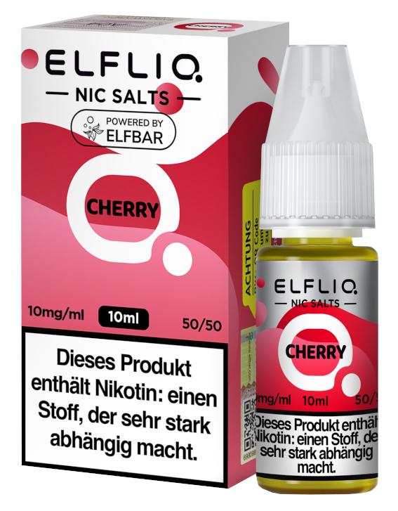 ELFLIQ Cherry E-Liquid mit 10 mg Nikotin in einer 10-ml-Flasche mit passender Umverpackung und weißem Verschluss, 1 Stück.