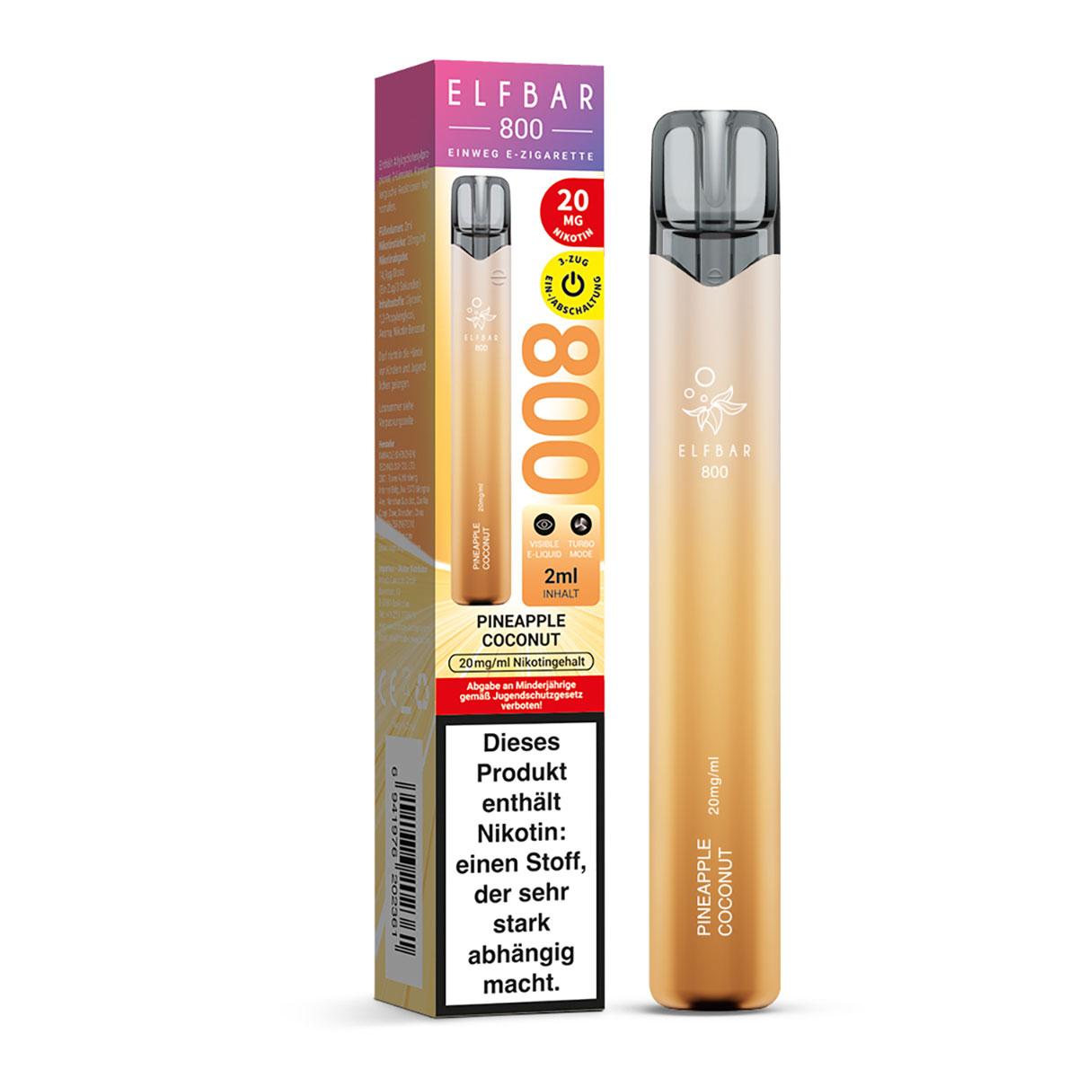 Goldfarbene Elfbar 800 E-Zigarette mit schwarzer Kappe neben der weißen Originalverpackung, die eine Nikotinstärke von 20mg/ml aufweist, 1 Stück.