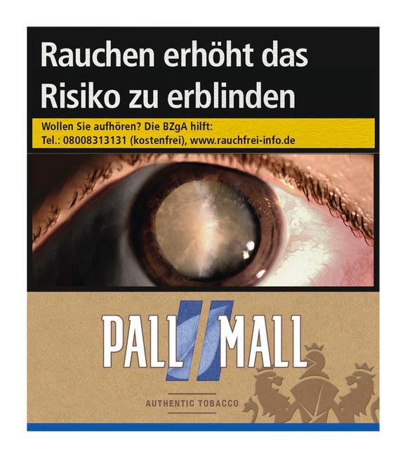 Stange Pall Mall Authentic Blue Xtra von Pall Mall mit 8 Packungen à 36 Stück, beigefarbene Packung mit Auge.