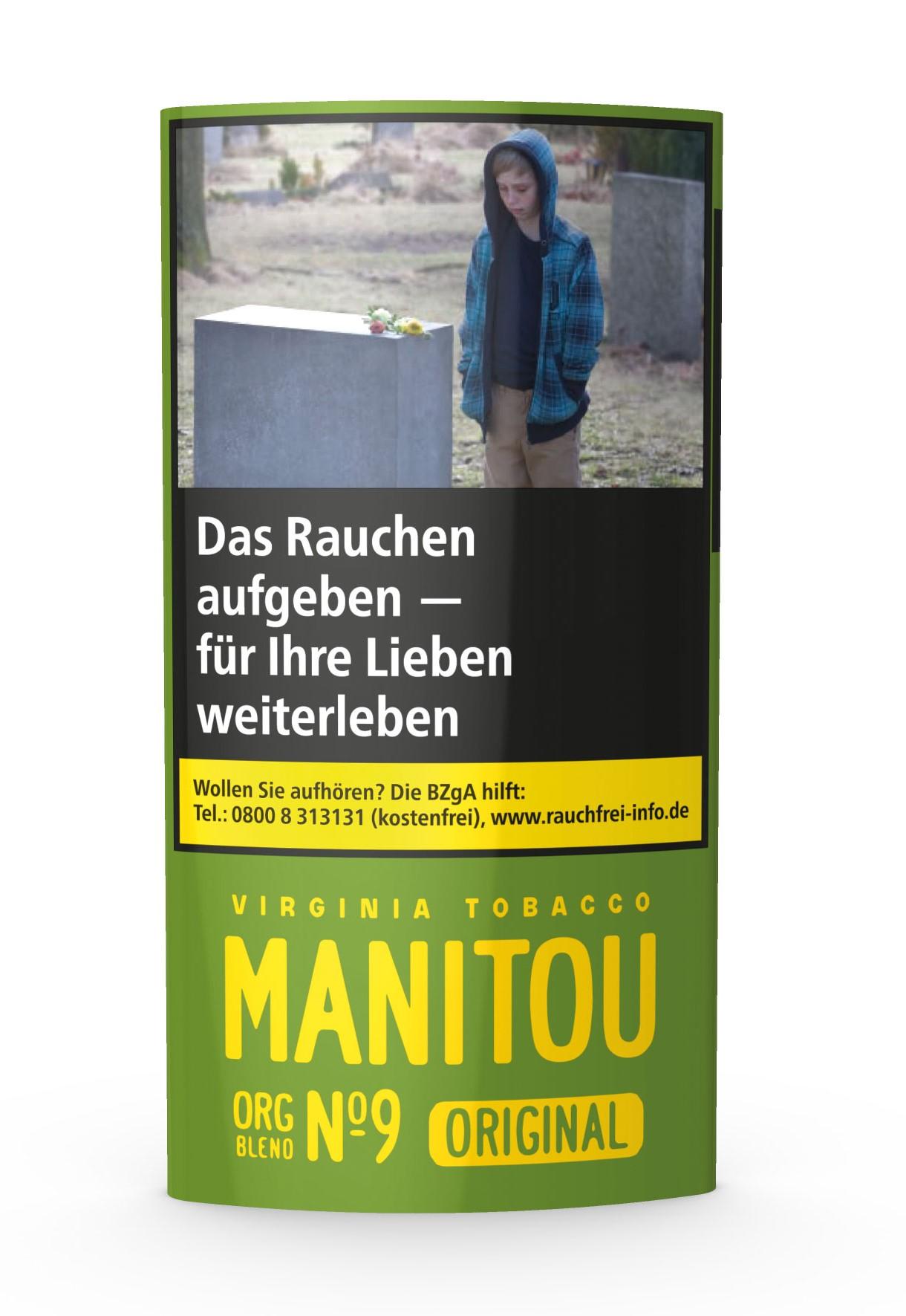 Grüne 30-Gramm-Packung Manitou Organic Blend No. 9 Drehtabak, auch Original Blend No. 9.